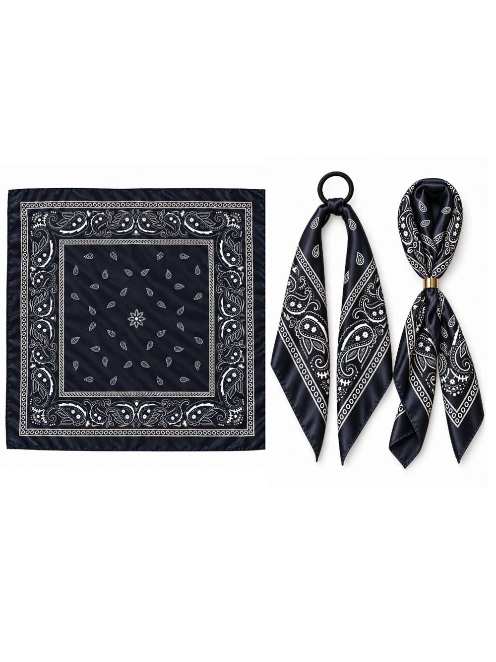 Black White Bandana Handkerchief Paisley Boho Satin Bag Neck Scarf Hair Tie Ring